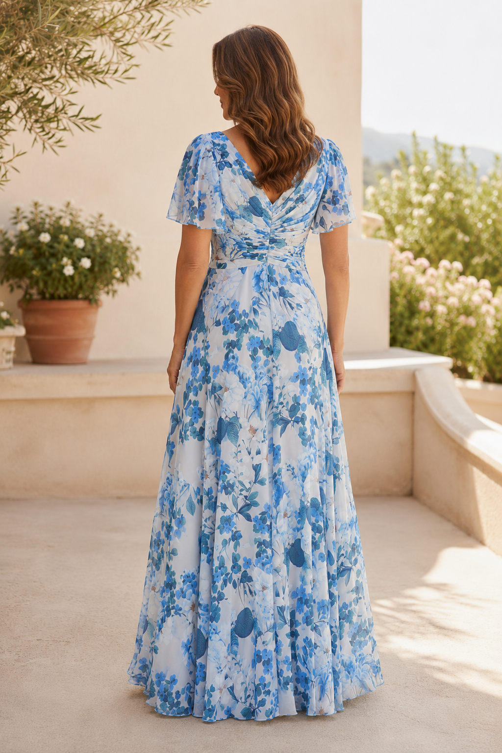 Floral Print Flutter Sleeve A-Line Maxi Dress