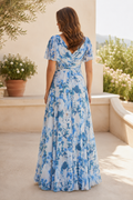 Floral Print Flutter Sleeve A-Line Maxi Dress