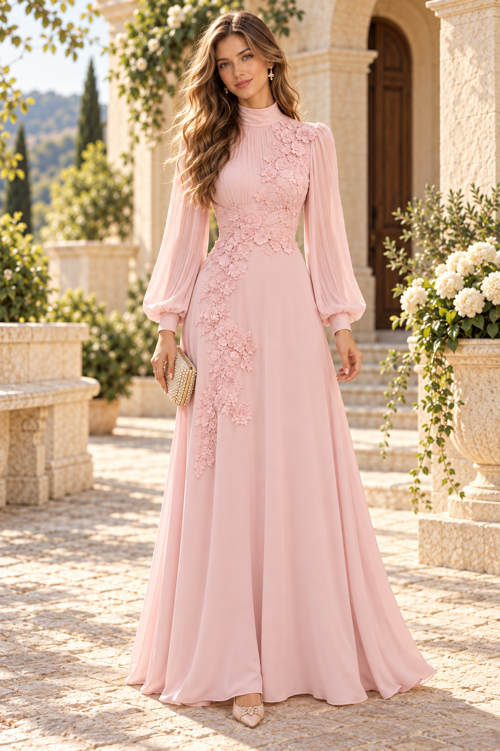 High-Neck Floral Appliqué Gown with Bishop Sleeves