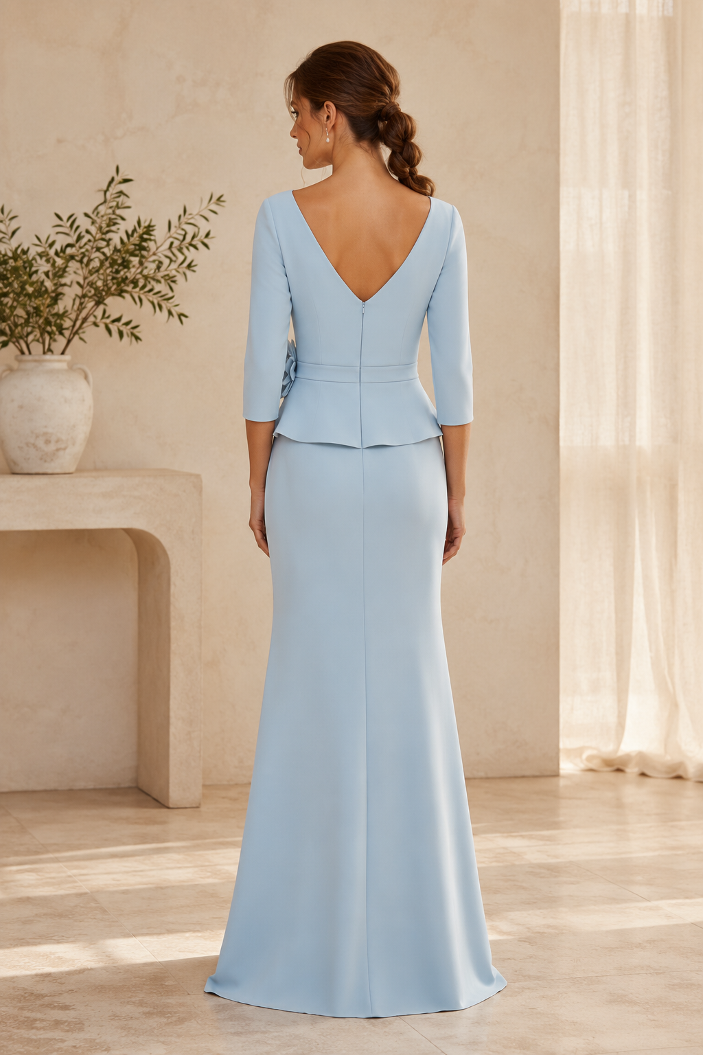 V-Neck Sheath Gown with 3D Floral Waist & Side Drape
