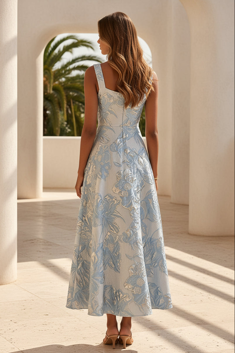 Floral Jacquard Square Neck Midi Dress