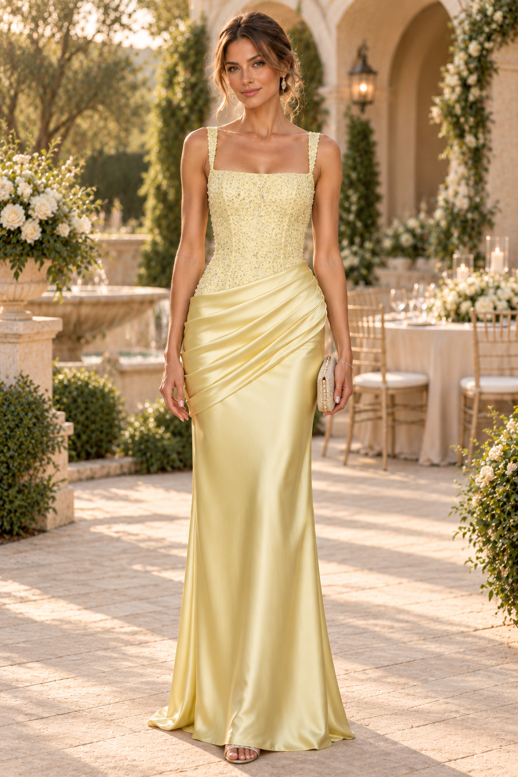 Beaded Corset Evening Gown with Ruched Satin Skirt