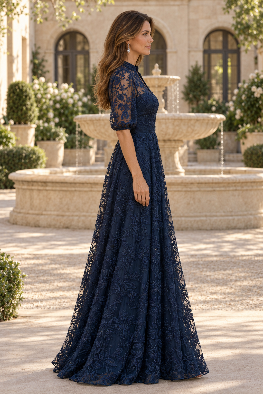 Floral Lace A-Line Gown with Elbow Sleeves