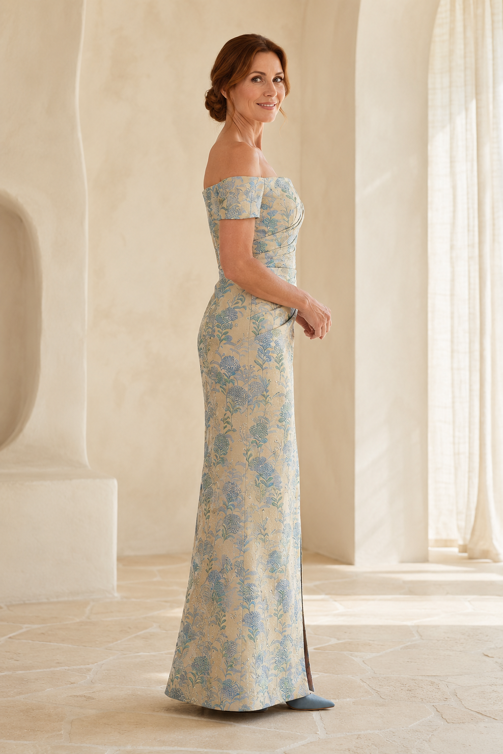 Off-the-Shoulder Floral Jacquard Gown with High Slit