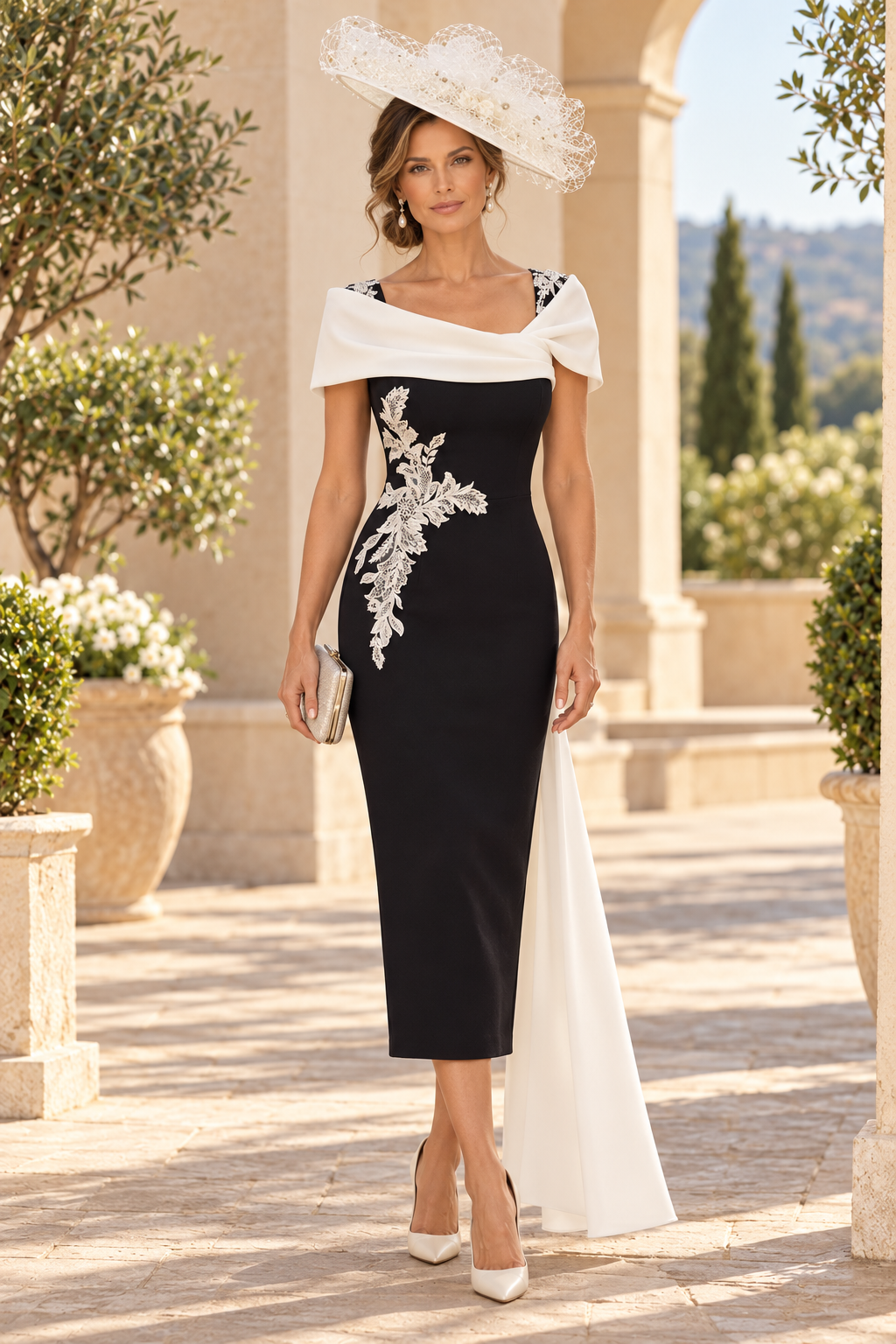 Midi Sheath Dress with Draped Shawl Neckline
