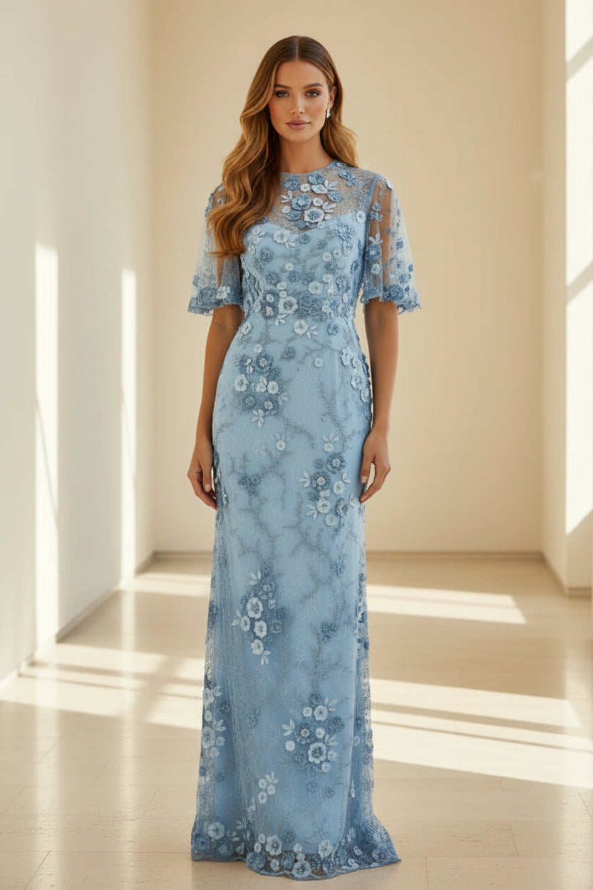 3D Floral Applique Flutter Sleeve Evening Gown