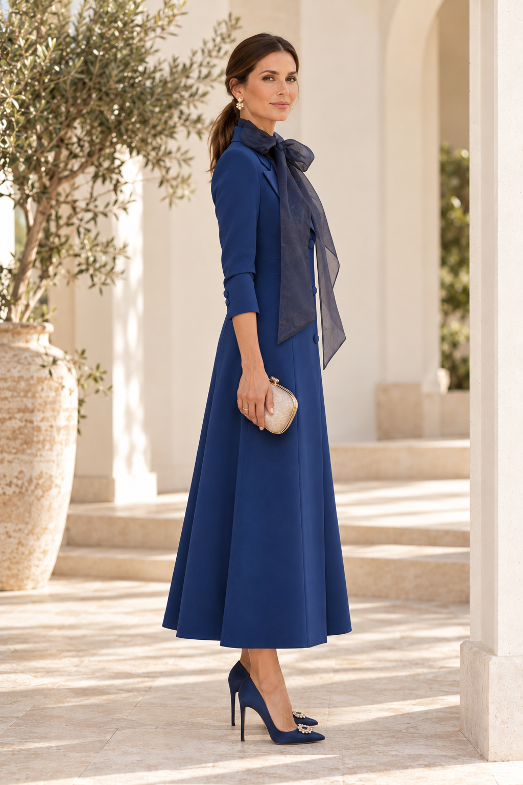 Tailored A-Line Coat Dress with Sheer Neck Bow