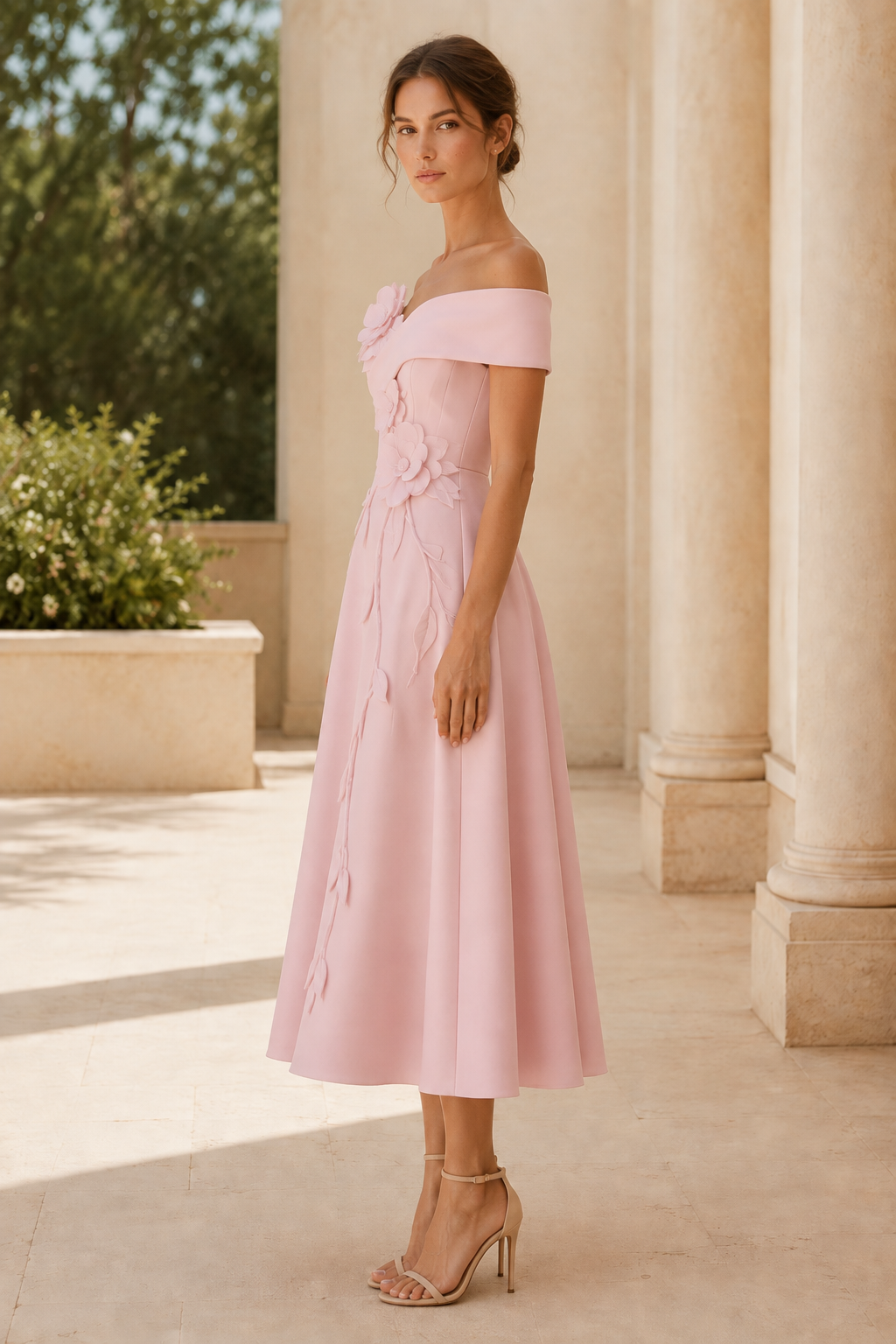 Off-the-Shoulder Floral Applique A-Line Midi Dress
