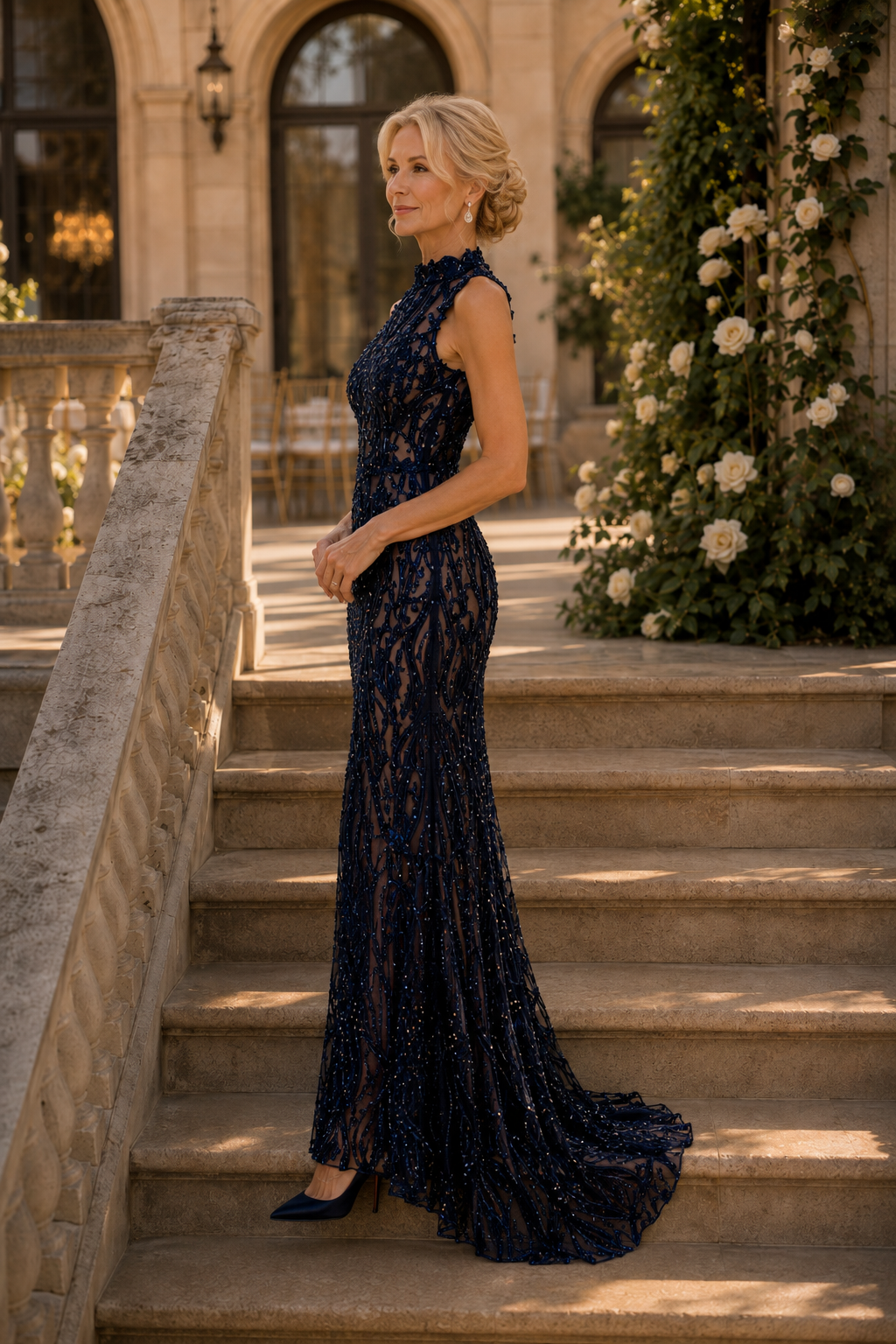 High-Neck Sequin Embellished Mermaid Evening Gown