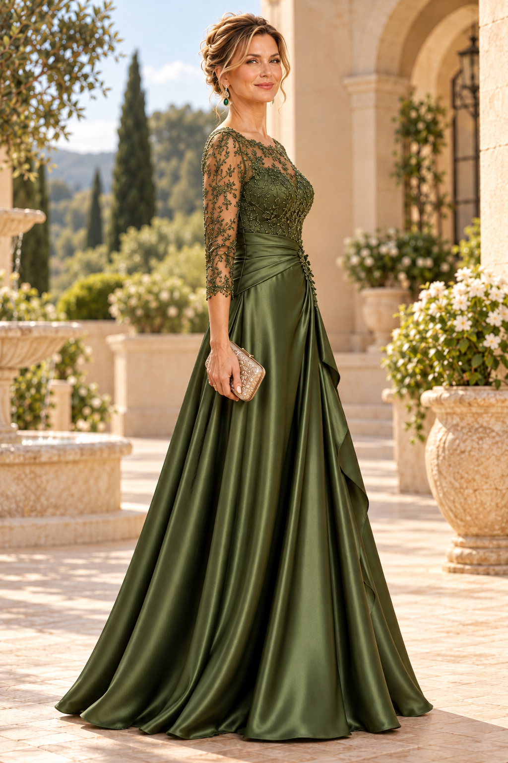 Embroidered Illusion Bodice Satin A-Line Gown