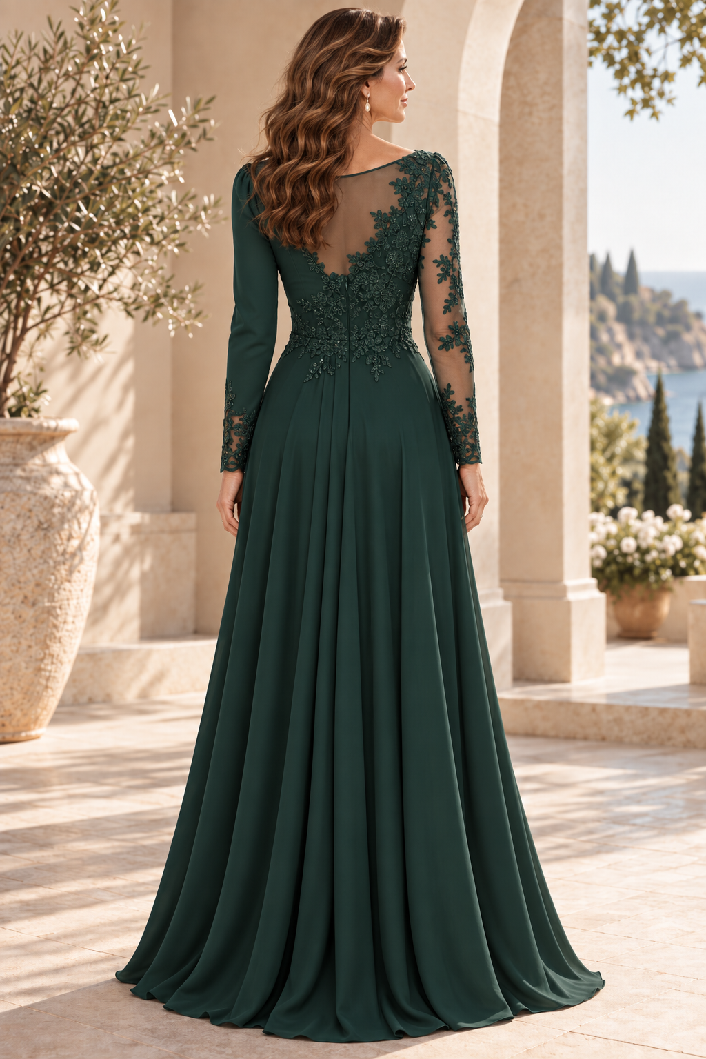 Asymmetrical Illusion Lace Long Sleeve High-Low Gown