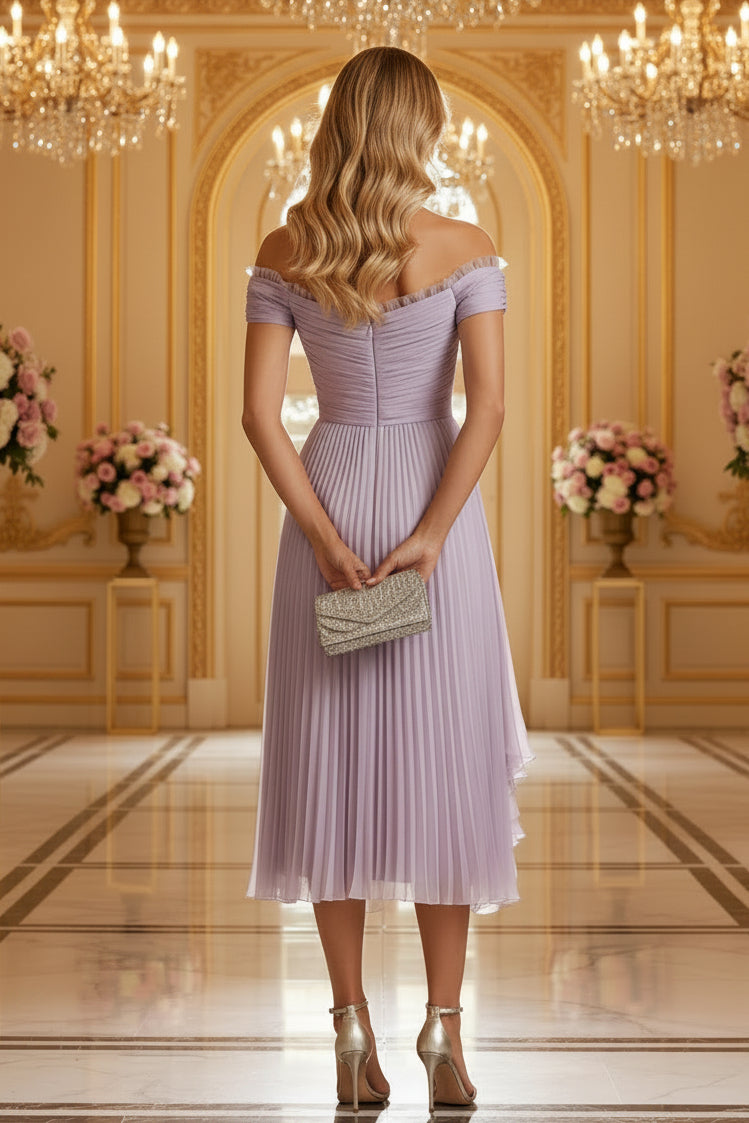 Off-the-Shoulder Pleated Midi Dress with Ruched Bodice
