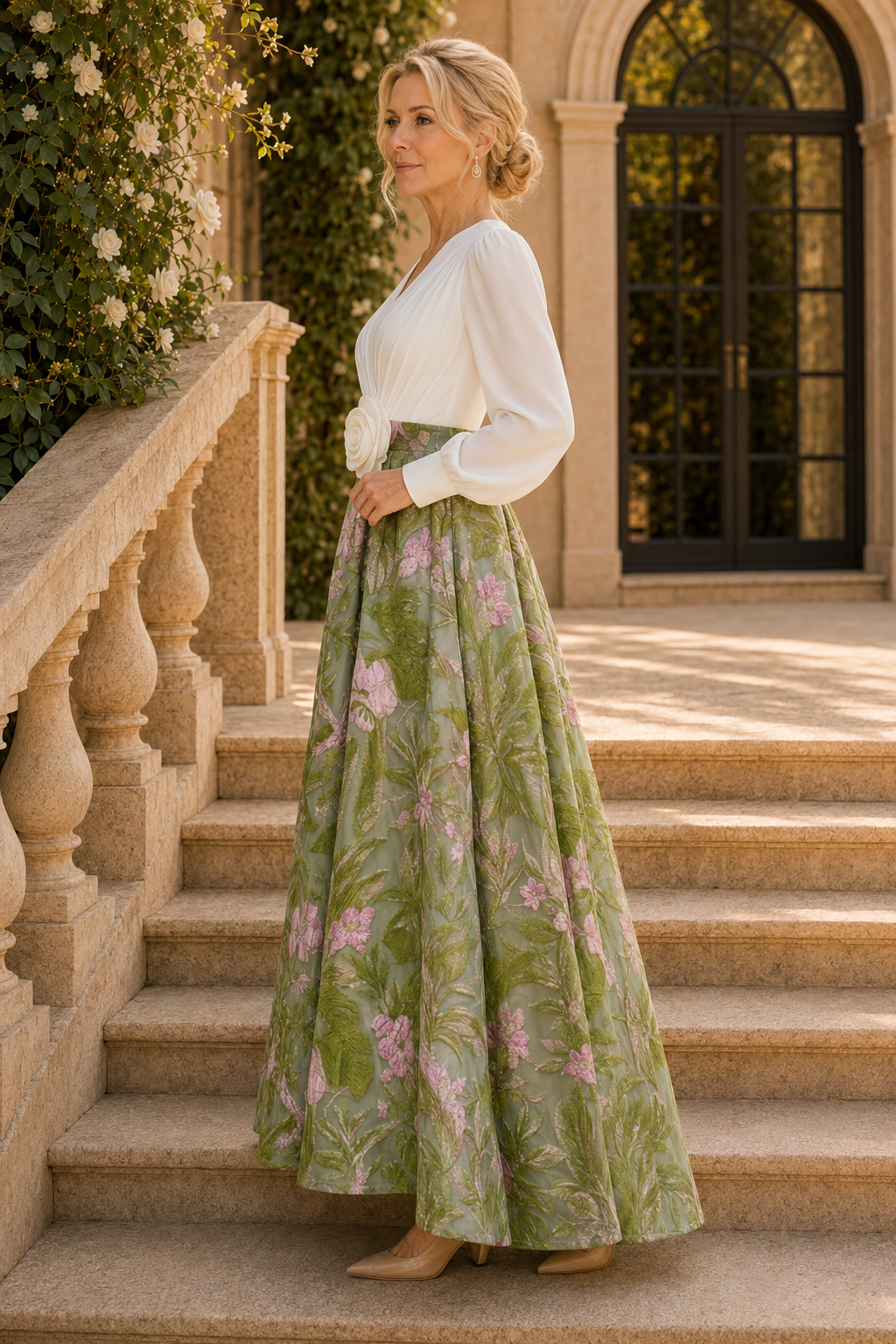 Long Sleeve Jacquard Ball Gown with 3D Flower