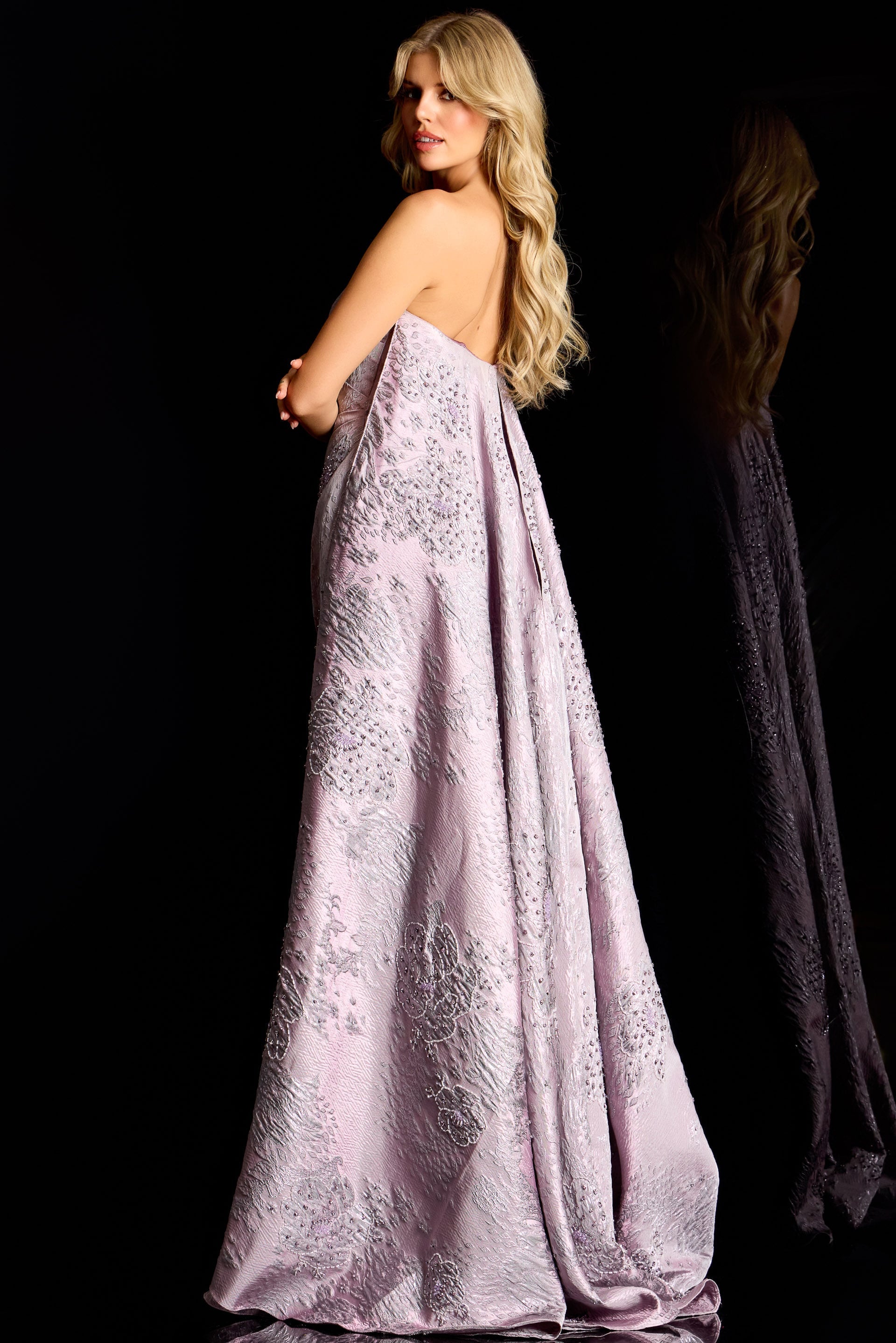 Strapless Jacquard Column Gown with Cape