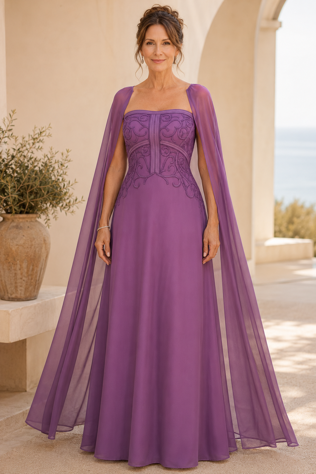 Embroidered Bodice Cape Sleeve A-Line Gown