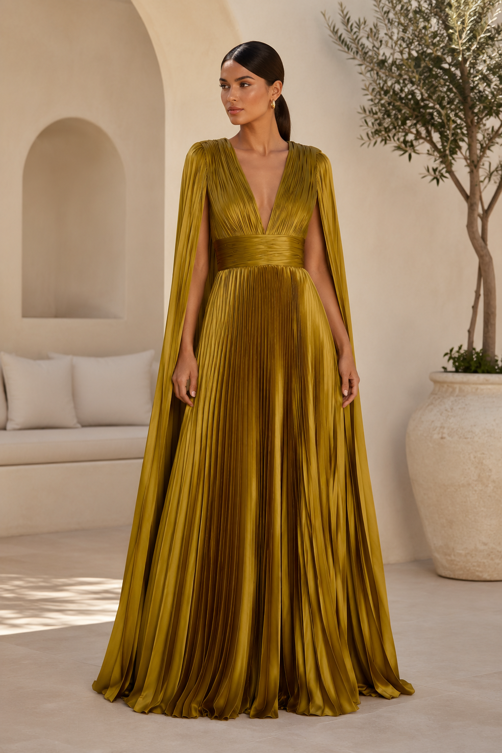 Pleated Satin Cape Gown with Deep V Neckline