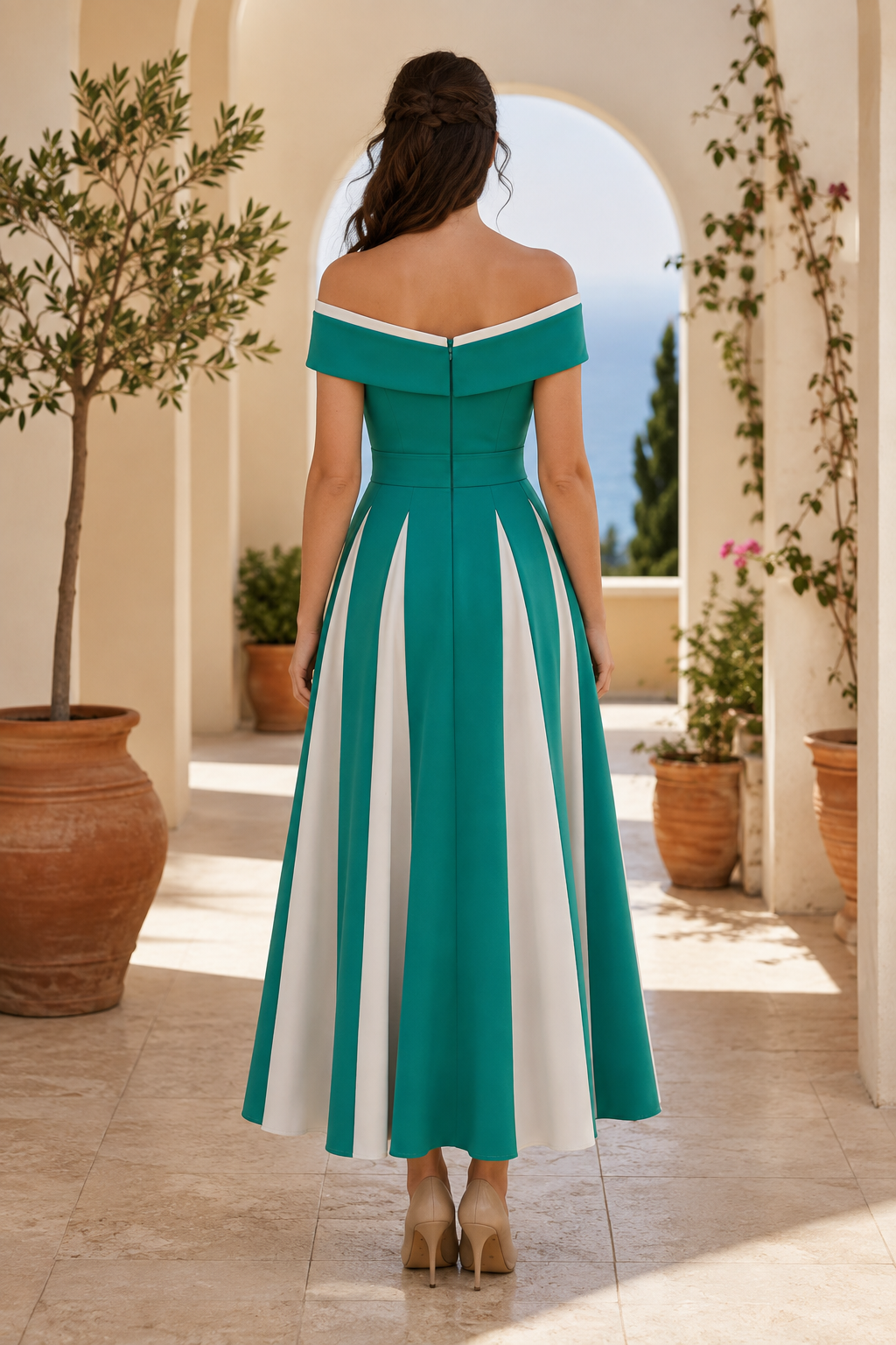 Two-Tone Off-Shoulder A-Line Dress with Rhinestone Belt