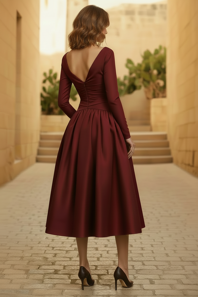 Off-the-Shoulder Long Sleeve Satin Midi Dress