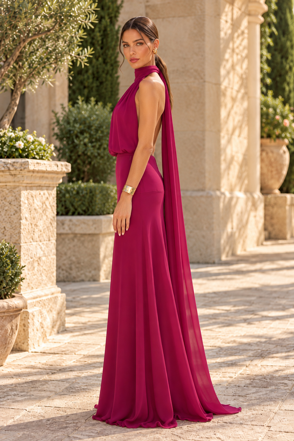 Halter Neck Backless Maxi Dress with Scarf Cape