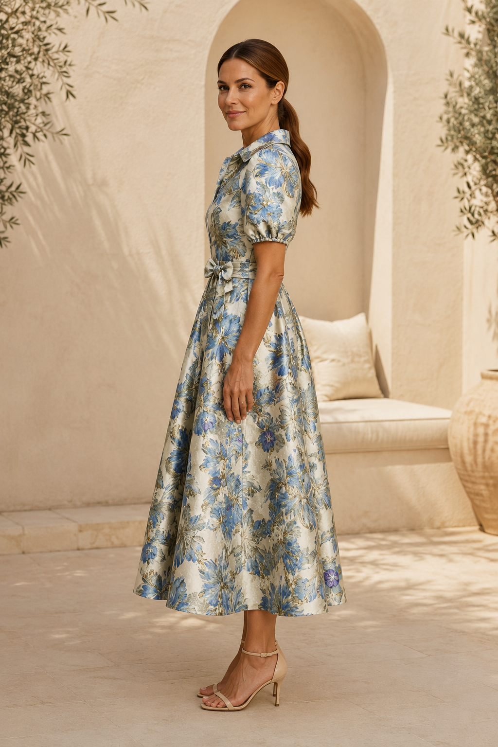 Floral Jacquard Belted Midi Dress with Puff Sleeves