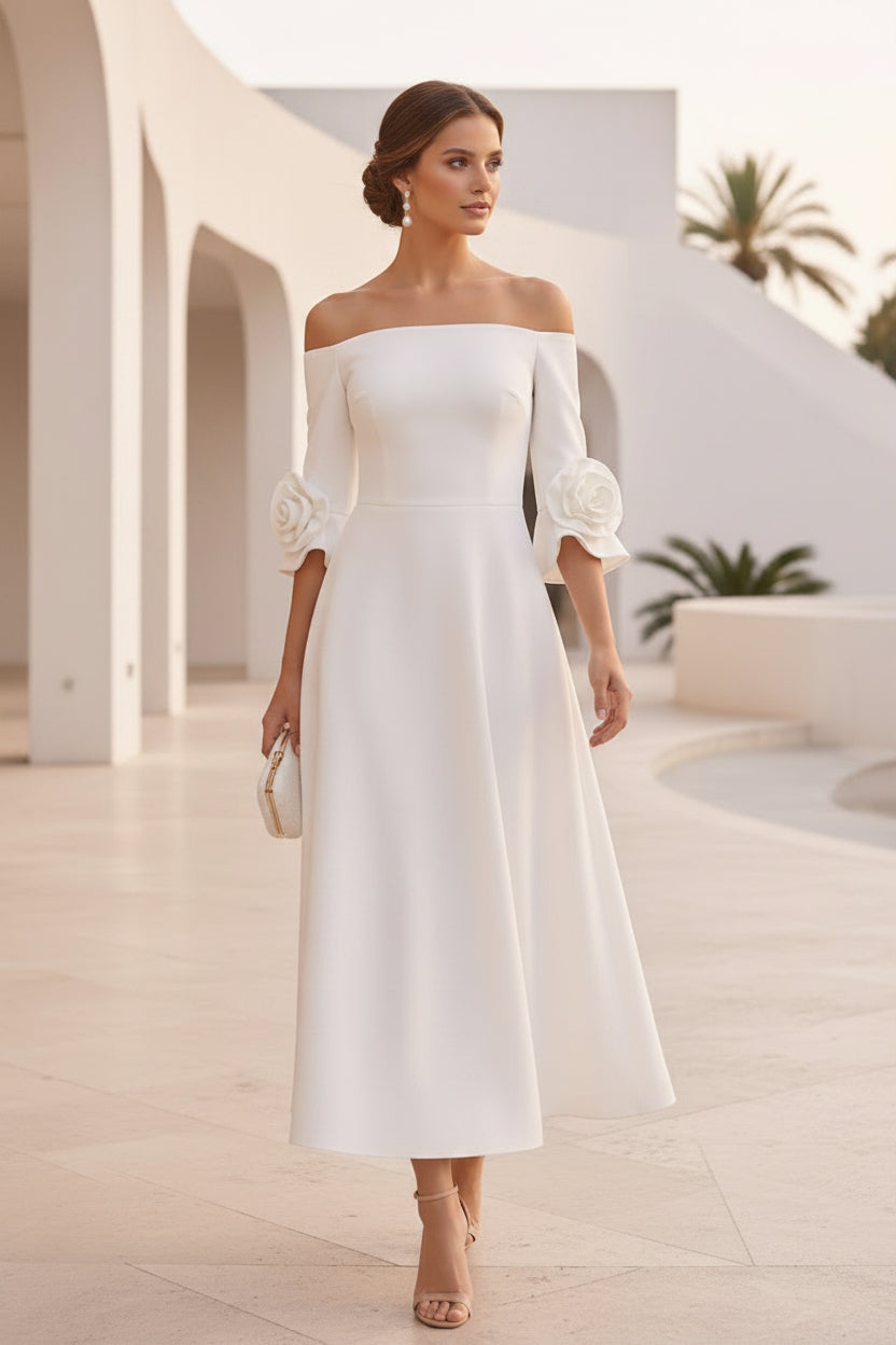 Off Shoulder Midi Dress with Rose Cuff Sleeves