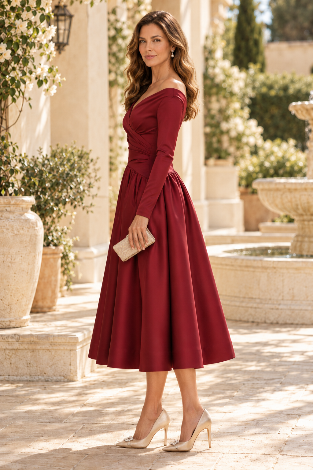 Off-the-Shoulder Long Sleeve Midi Dress
