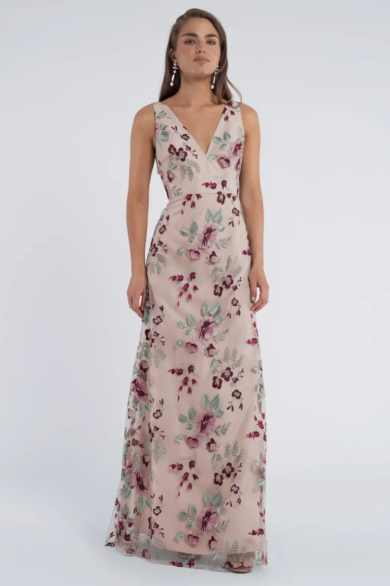 Floral Embroidered V-Neck A-Line Gown