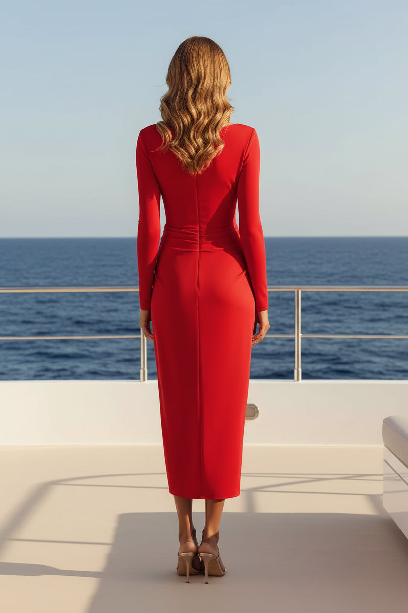 Bateau Long Sleeve Draped Midi Dress