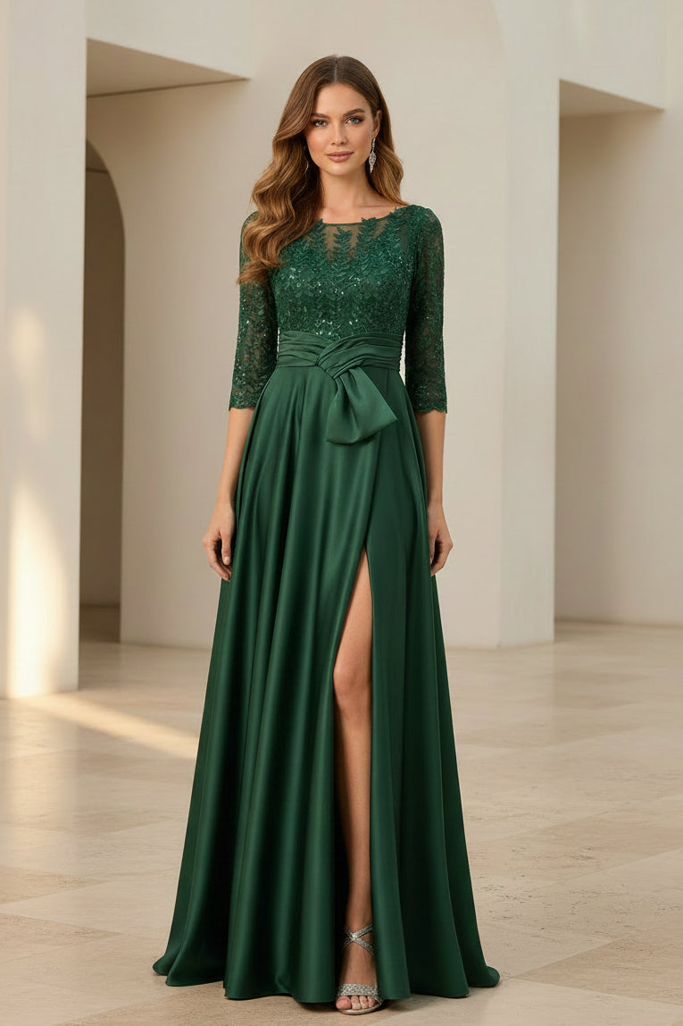 A-Line 3/4 Sleeve Illusion Lace and Satin Evening Gown