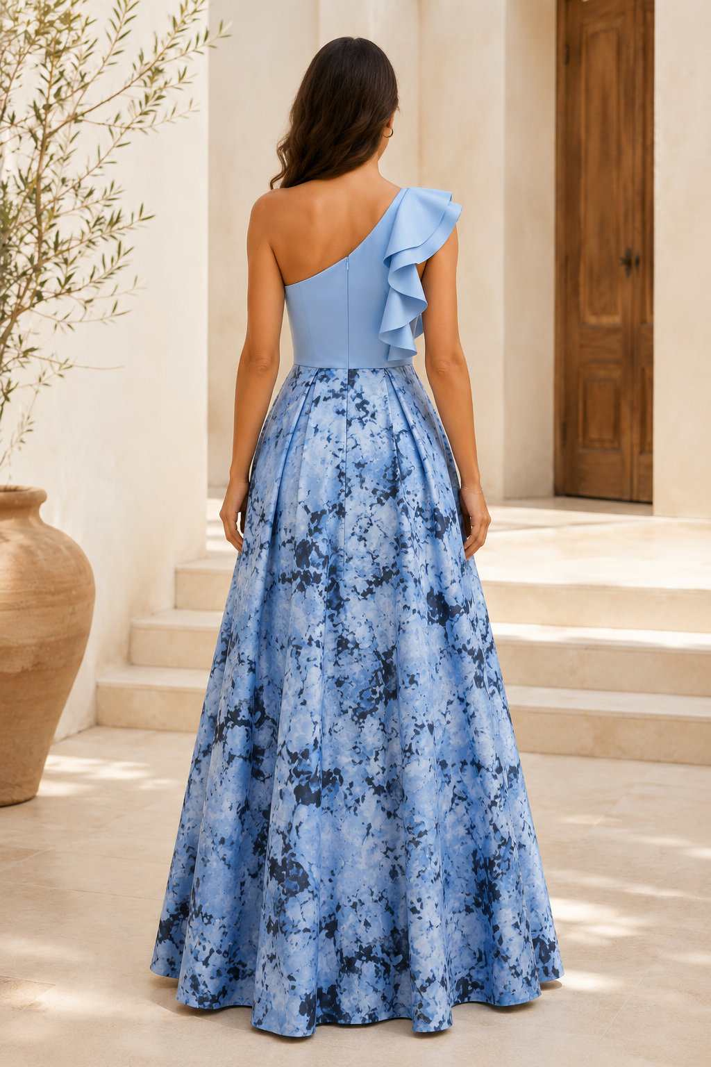 One Shoulder Ruffle Floral Print A-Line Evening Gown