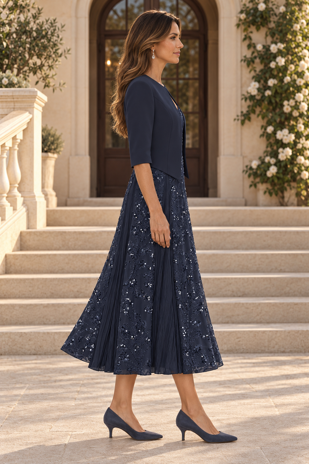 Sequined Tea-Length Dress and Cropped Jacket Set
