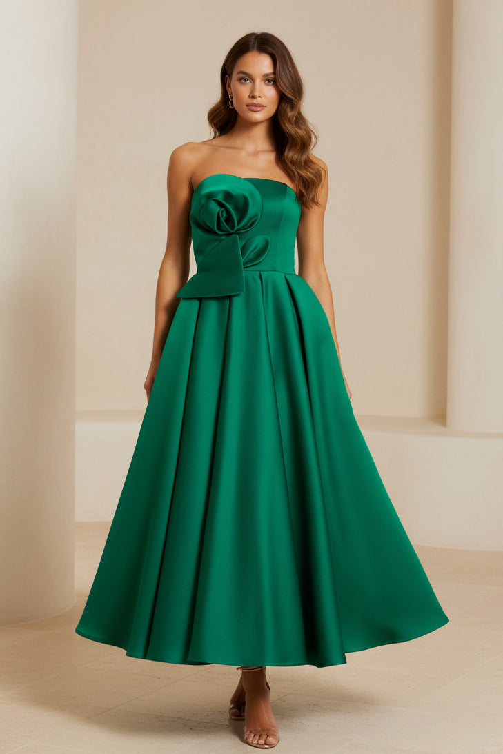 Strapless Pleated Satin Midi Dress with 3D Flower
