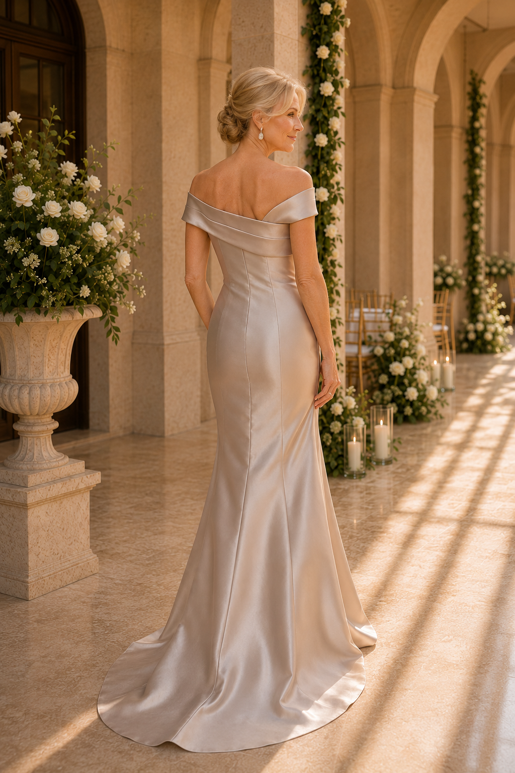 Asymmetrical Off-Shoulder Satin Gown with Slit