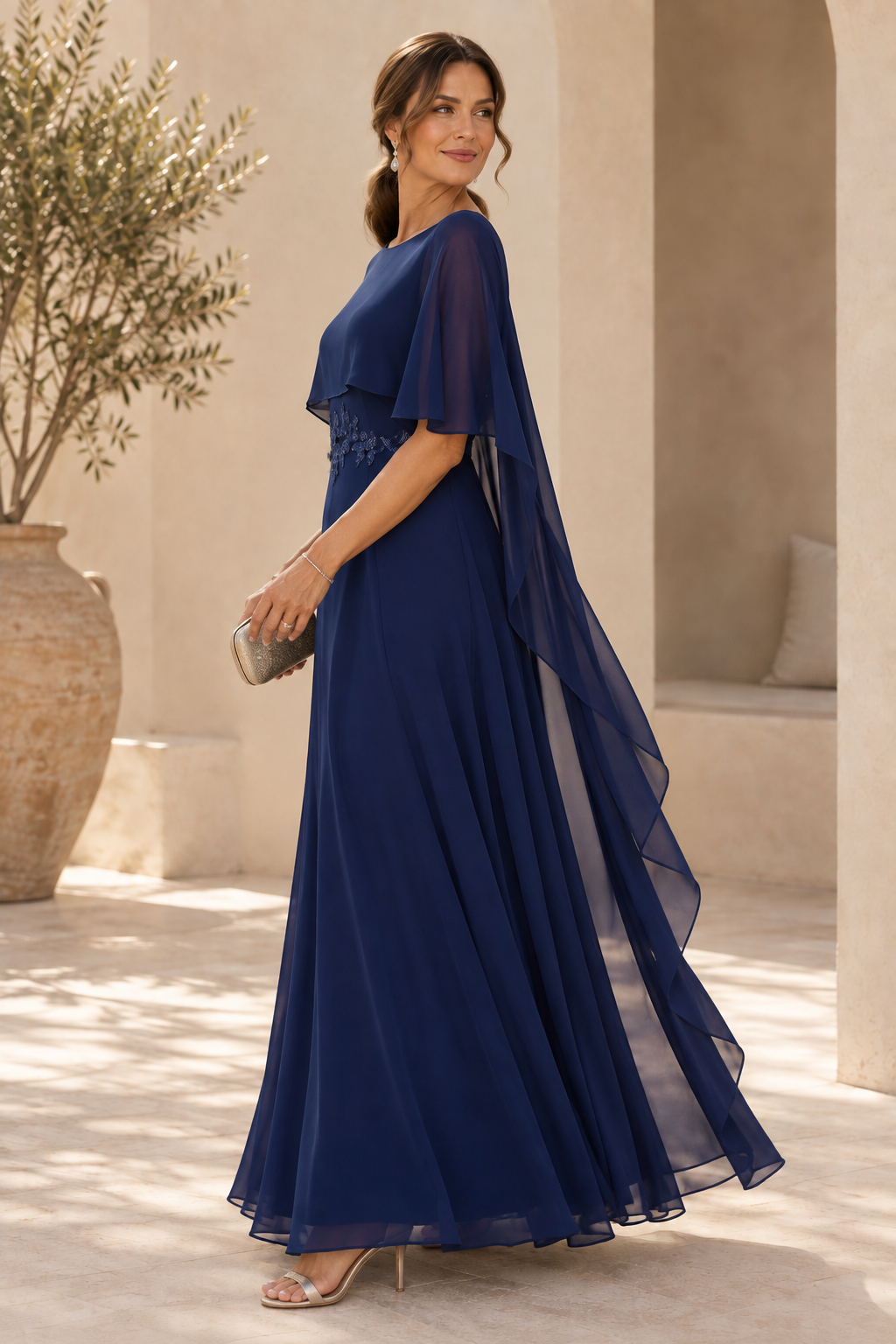 Chiffon Cape Sleeve Maxi Dress with Appliques