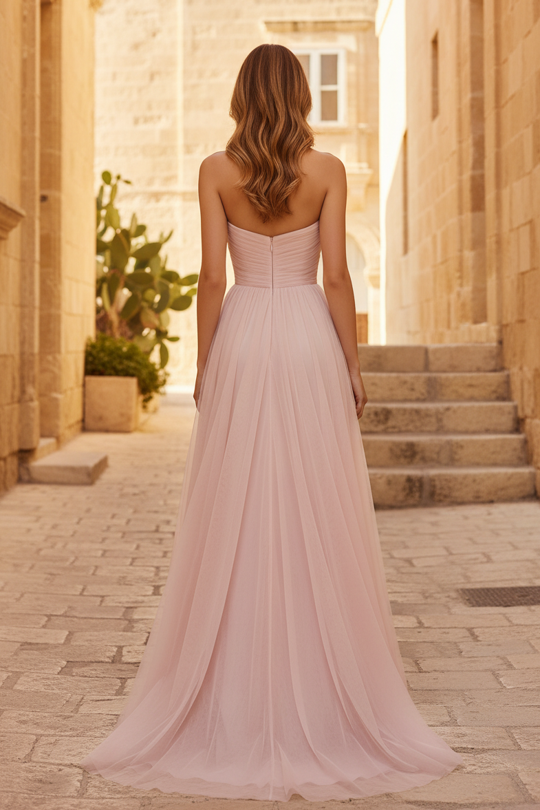 Strapless Ruched A-Line Gown with High Slit