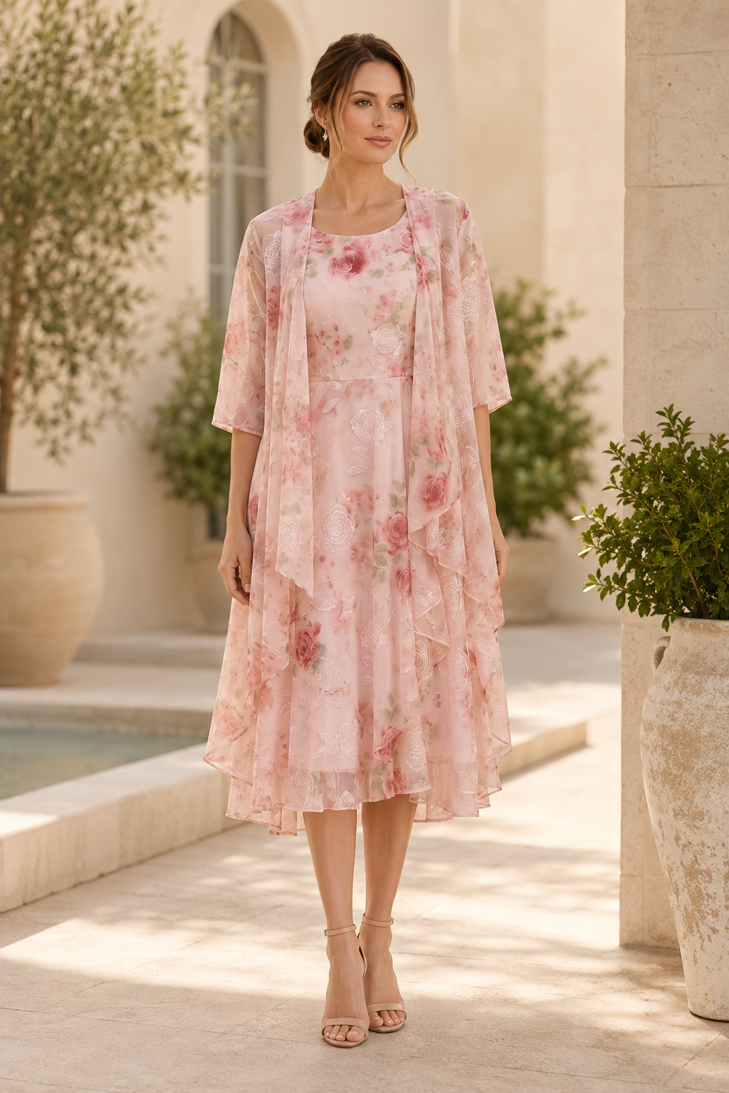 Floral Tiered Midi Dress with Sheer Jacket
