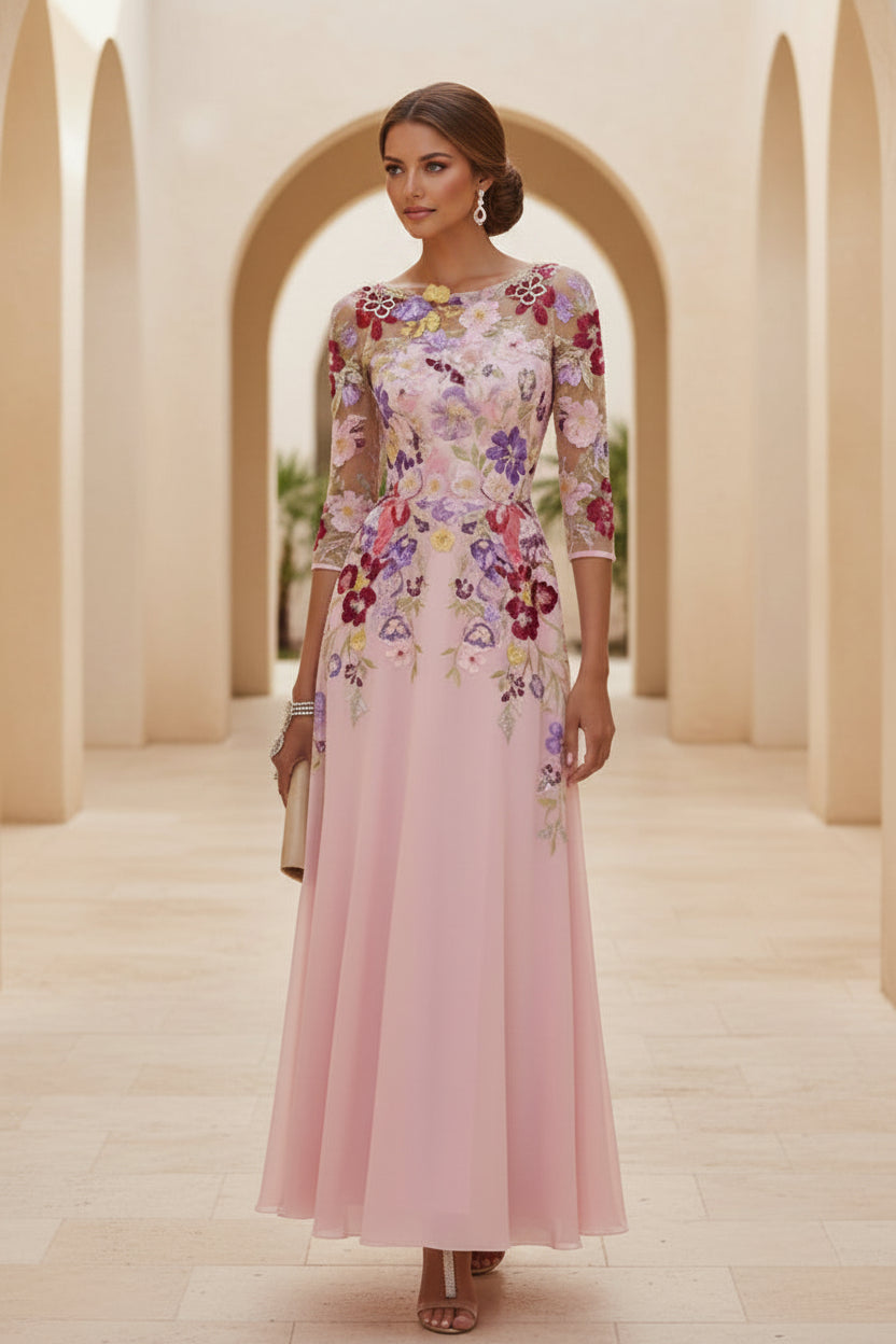 Floral Embroidered Mesh Bodice Chiffon Formal Gown