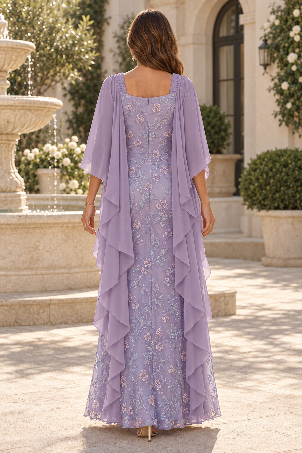 Embroidered Floor-Length Gown with Chiffon Cape