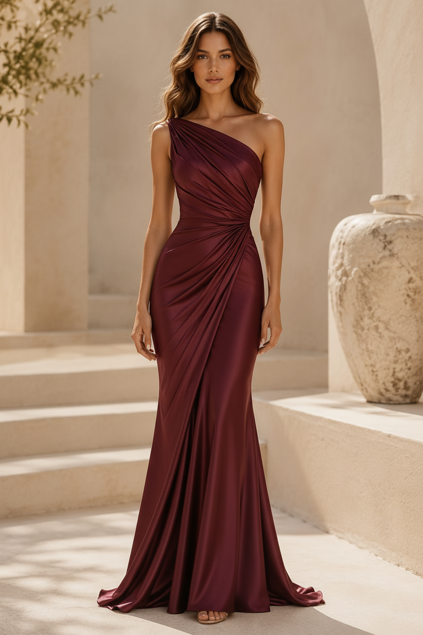 One-Shoulder Ruched Satin Mermaid Gown