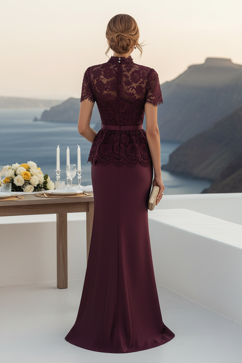 High Neck Lace Peplum Mermaid Gown