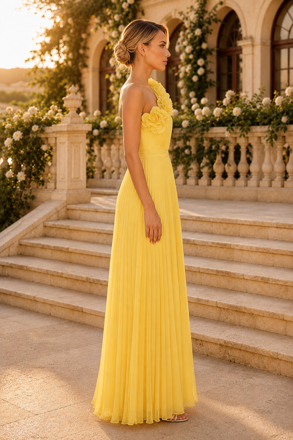 One-Shoulder Floral Pleated A-Line Gown