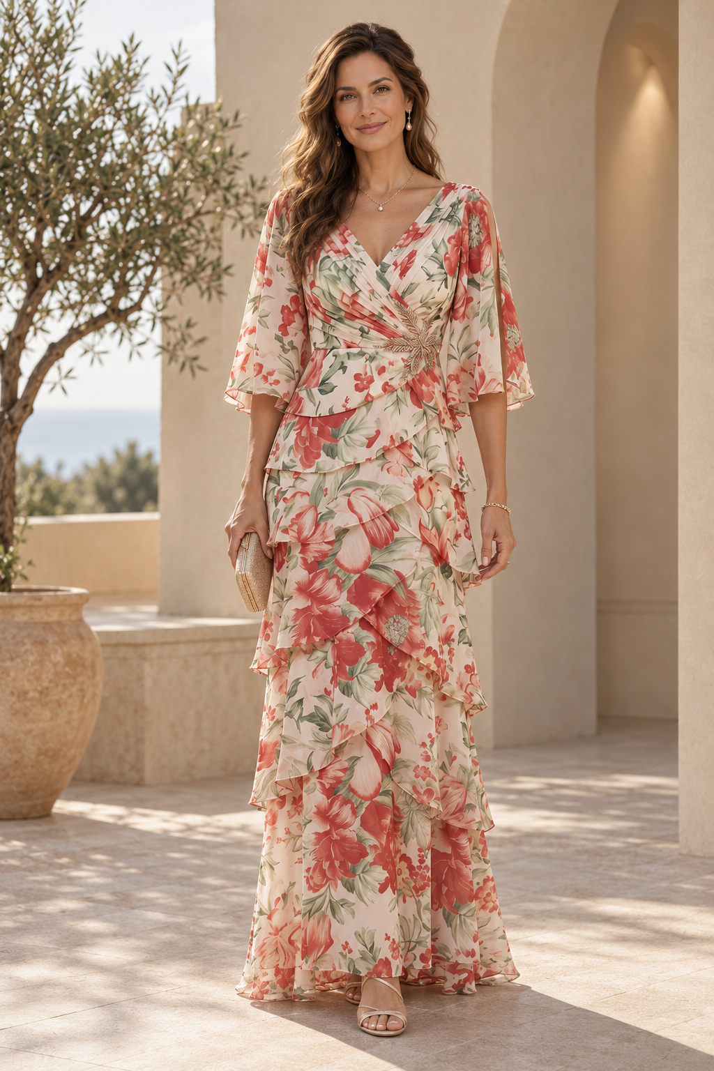 Tiered Floral Chiffon Maxi Dress with Sleeves