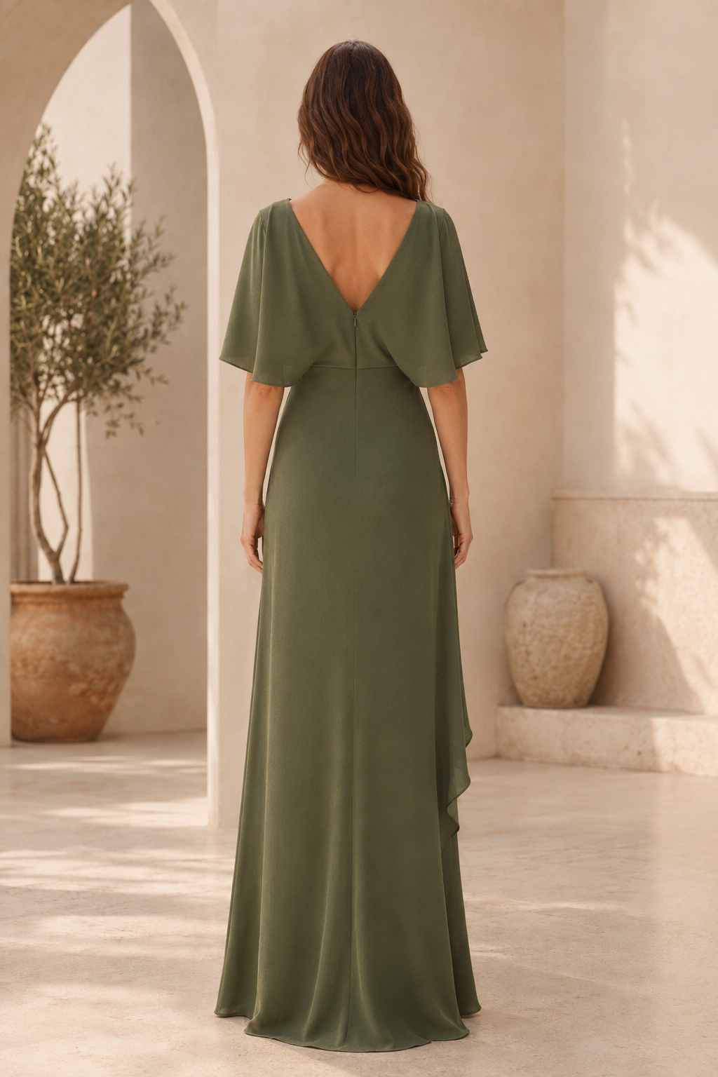 Flutter Sleeve Bateau Neck Sheath Gown with Side Drape