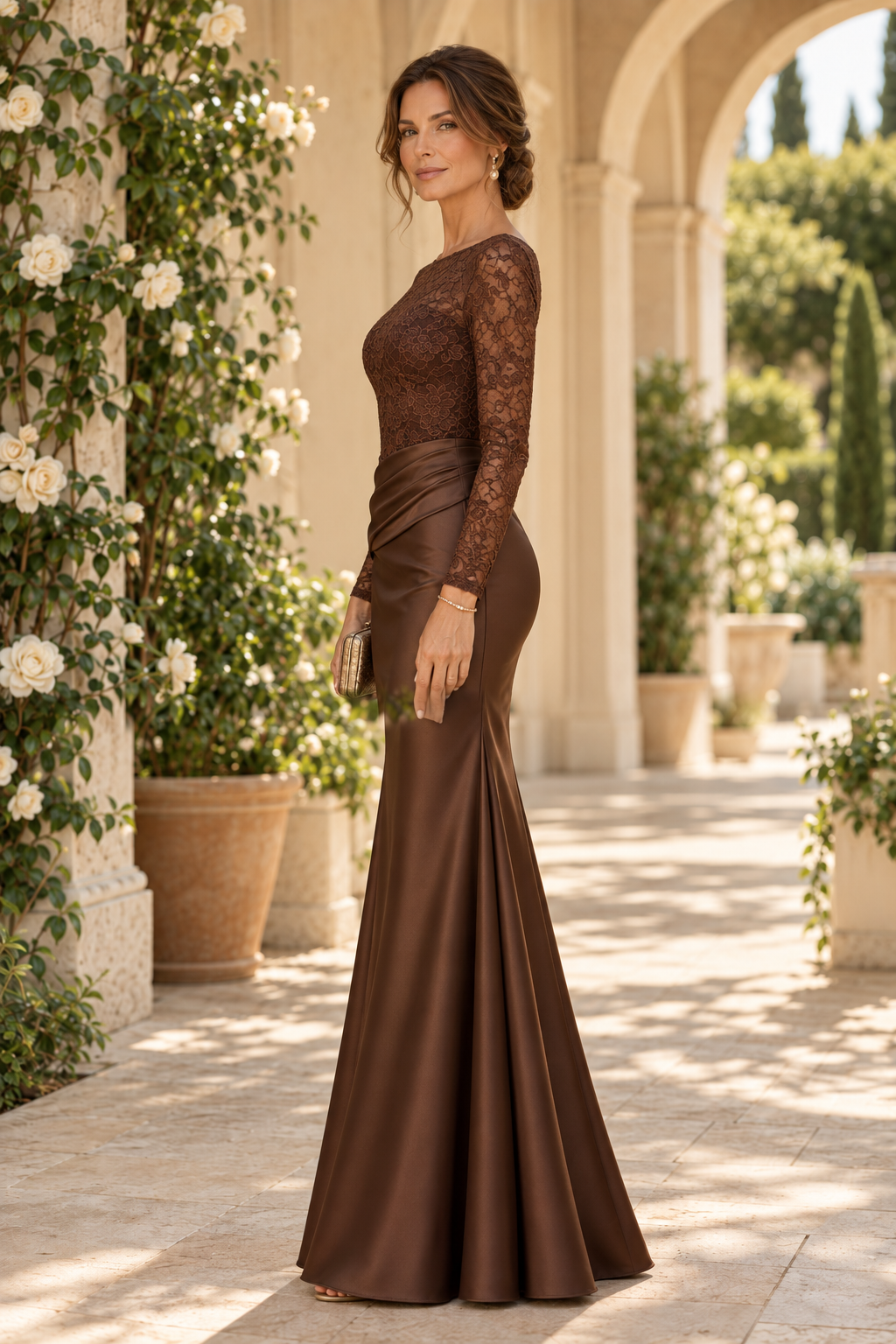 Lace Long Sleeve Satin Mermaid Evening Gown