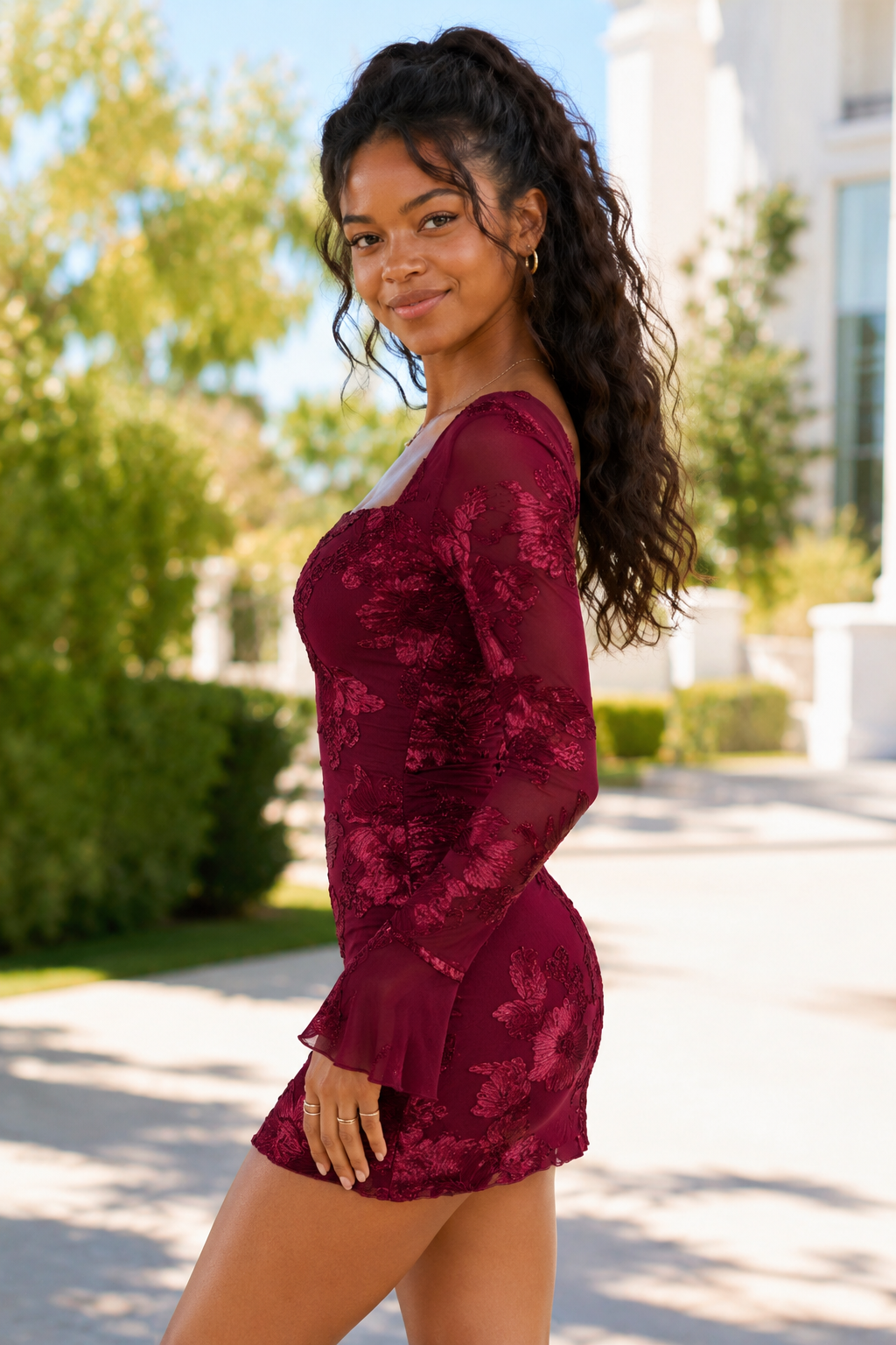 Floral Mesh Square Neck Mini Dress