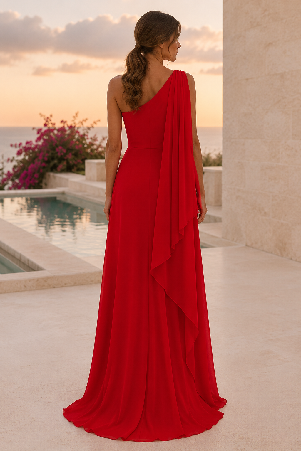 One-Shoulder Chiffon Gown with Draped Cascade Panel