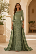 Bateau Neck Lace A-Line Gown with Overskirt