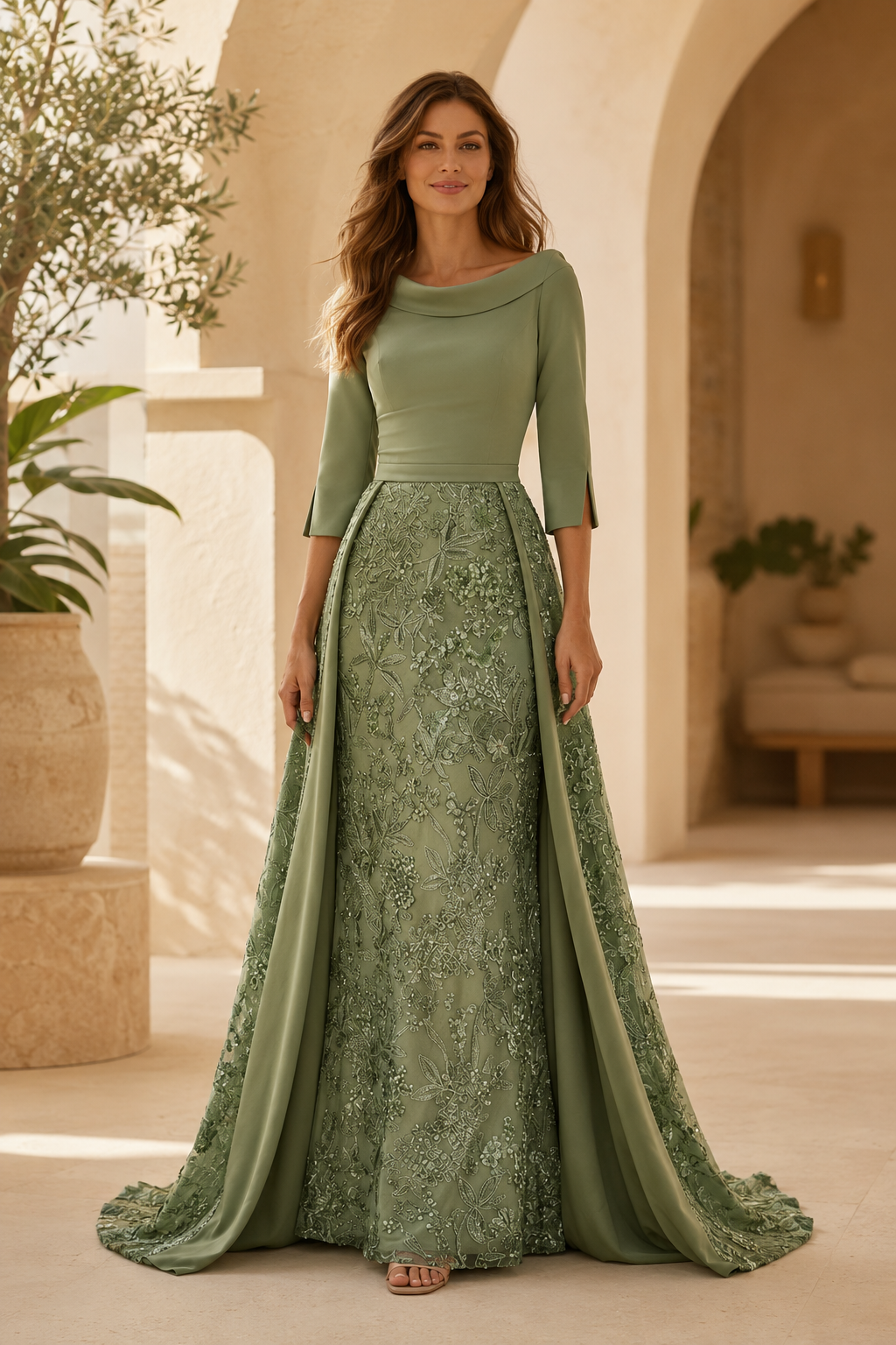 Bateau Neck Lace A-Line Gown with Overskirt