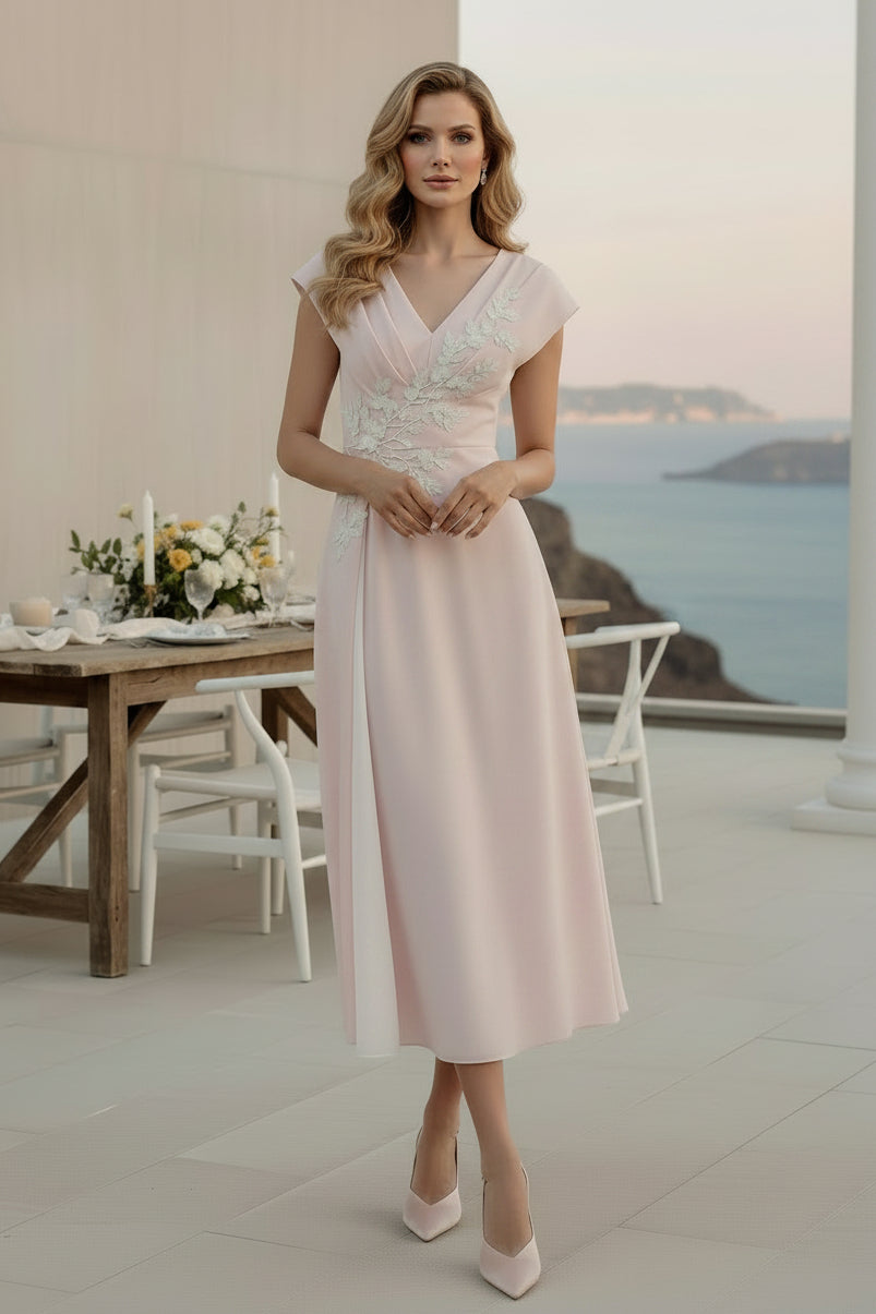Cap Sleeve V-Neck Applique Midi Dress