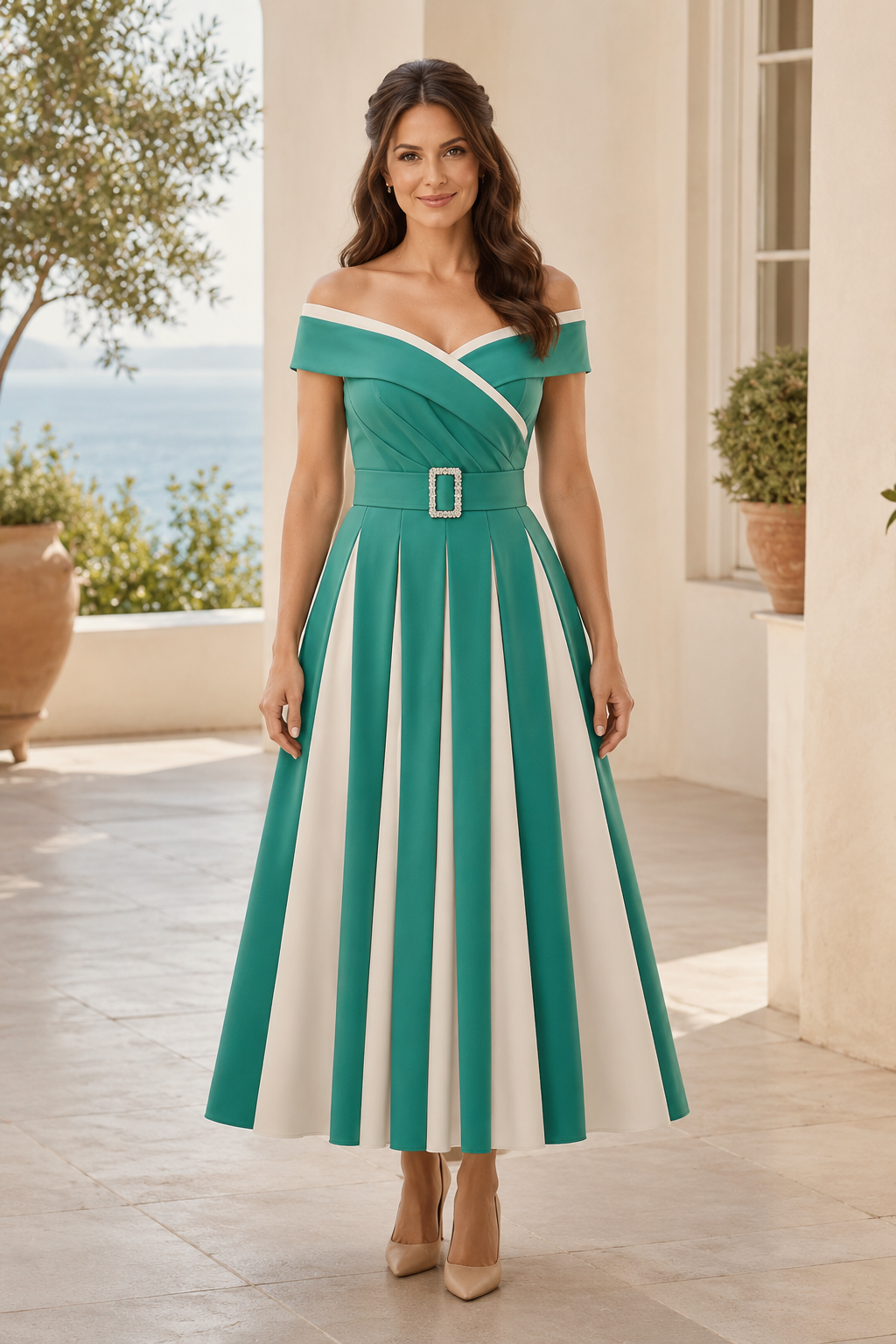 Two-Tone Off-Shoulder A-Line Dress with Rhinestone Belt